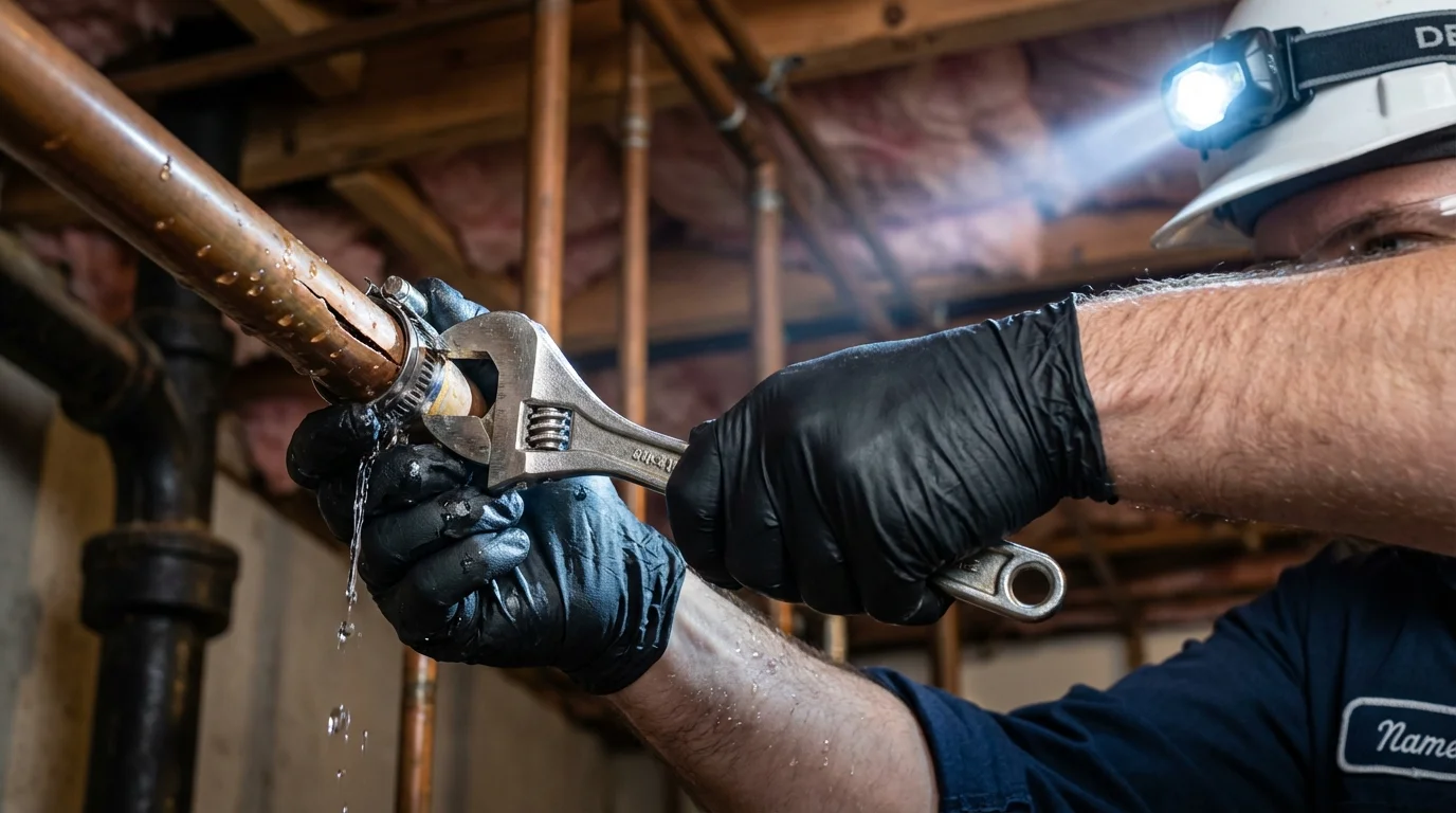 Emergency pipe clamp repair being performed by a Johns Plumbing LLC plumber in Sunbury